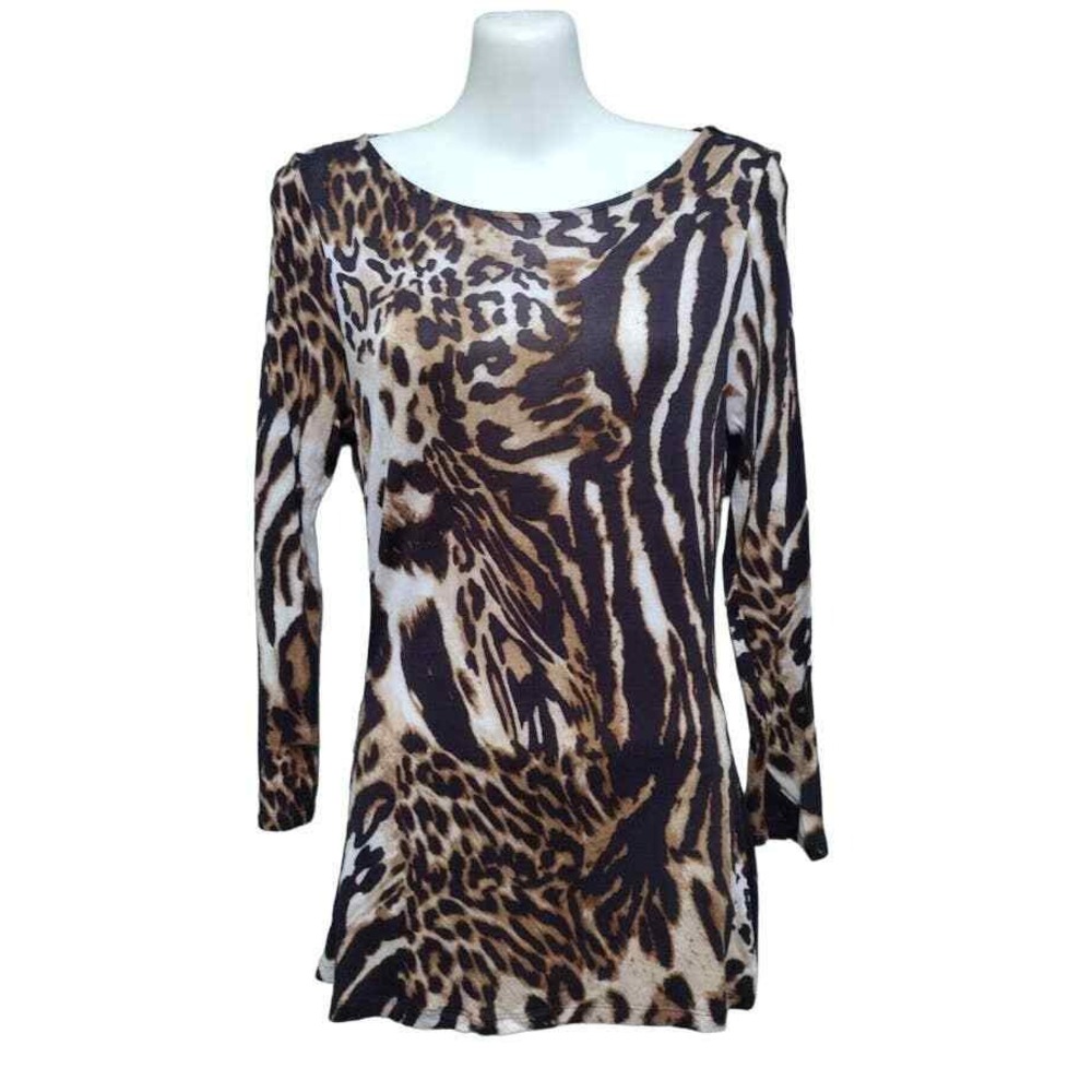 INC 3/4 Sleeve Animal Print Tunic Top with Wide Neck, Brown/Beige, Size S